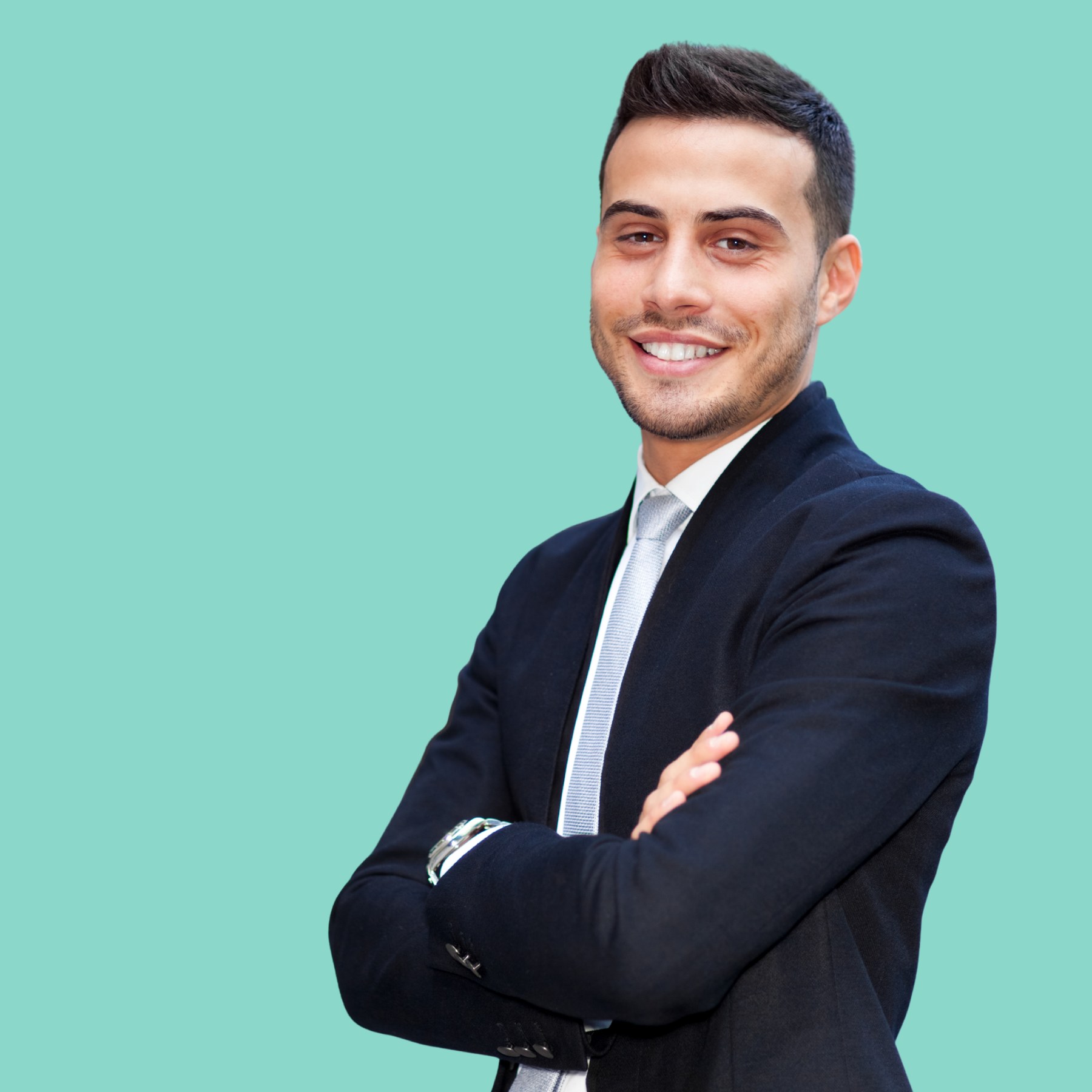 A professional in a dark suit with a composed, welcoming presence against a marine background