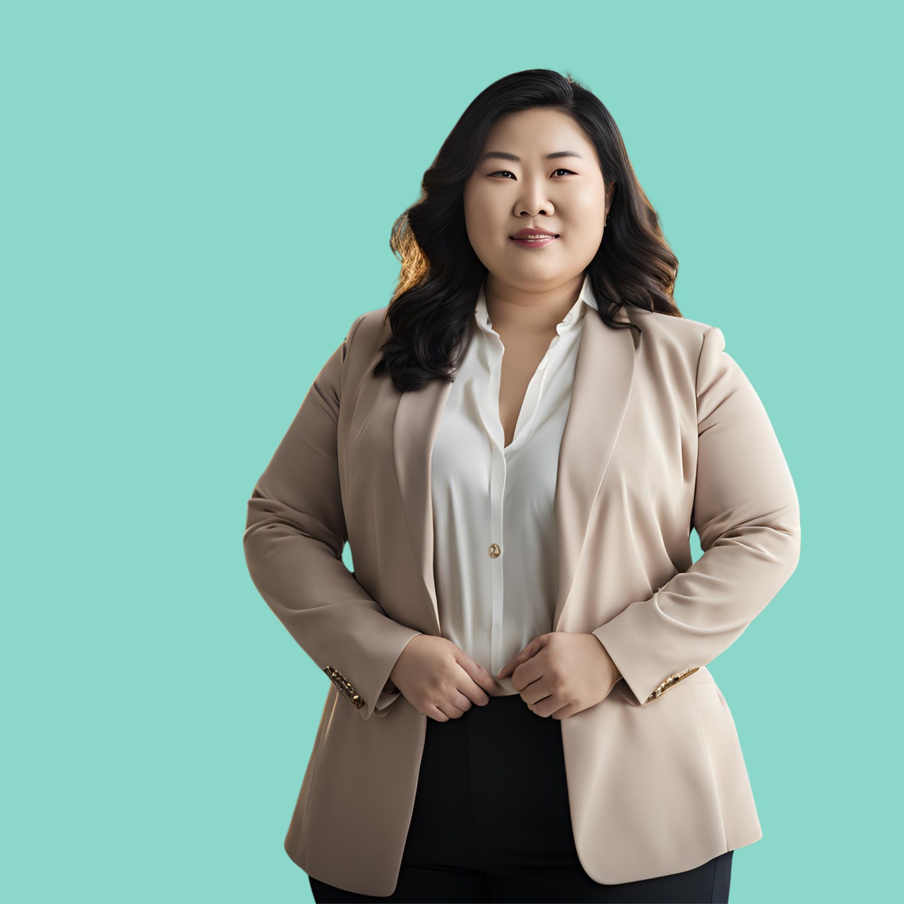 A confident practitioner in a tan blazer with a professional, welcoming presence against a marine background