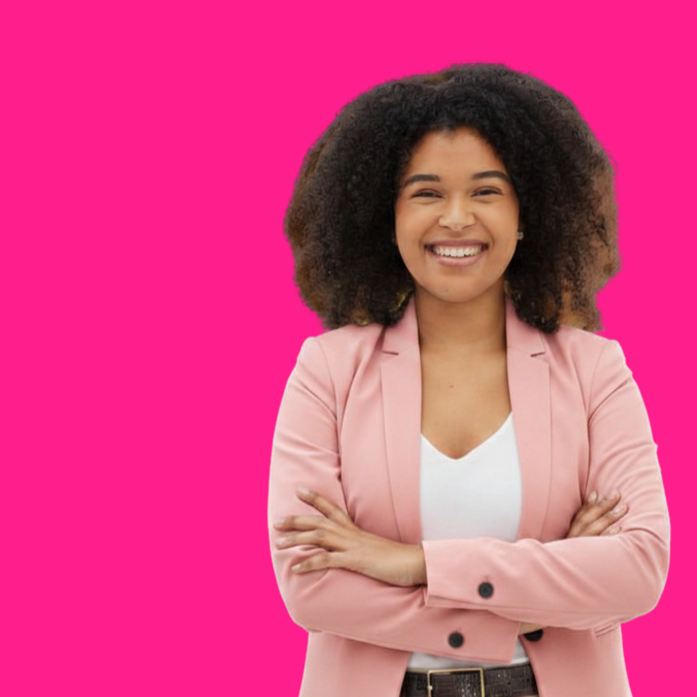 A woman in a pink blazer smiling with arms crossed, against a hot pink background
