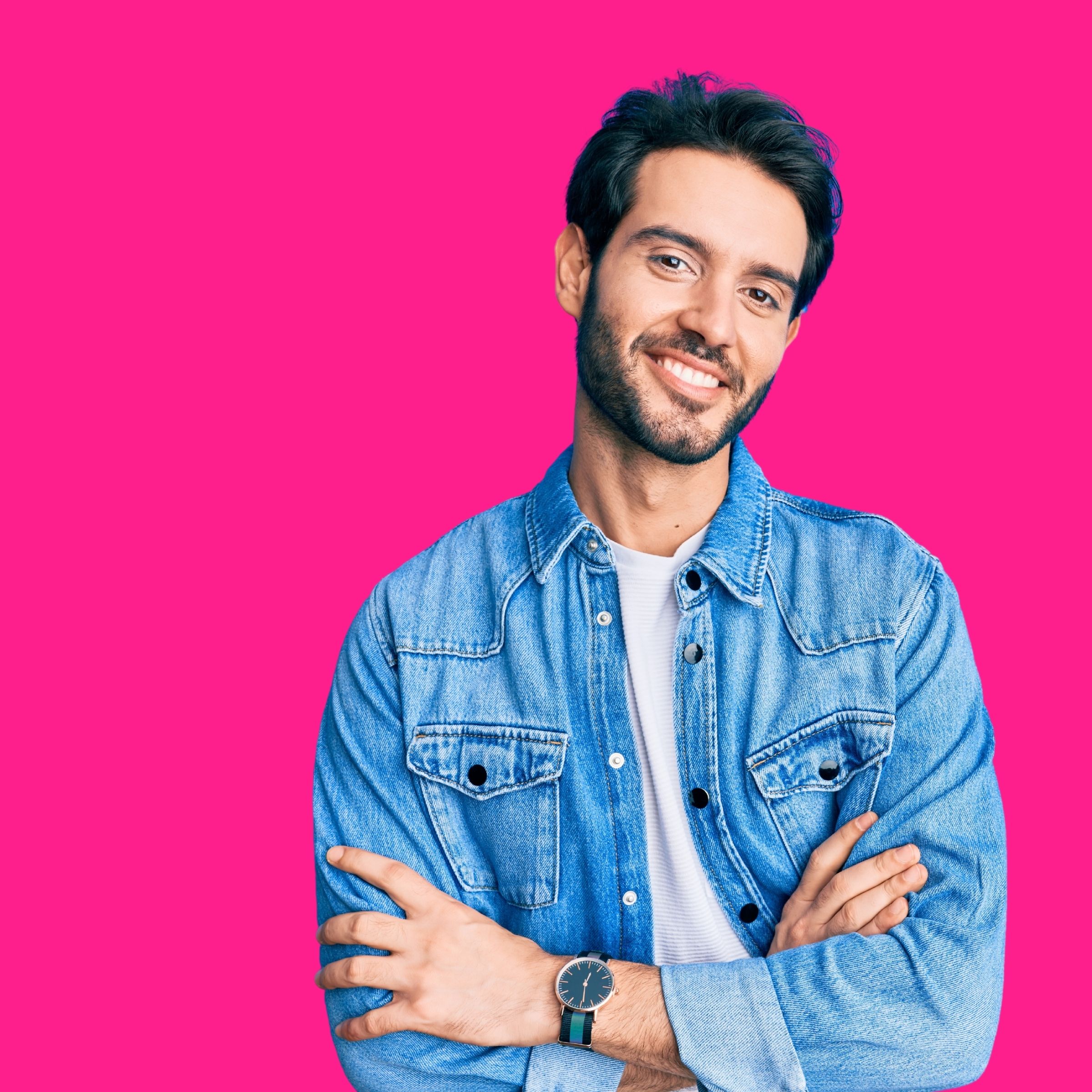 A thoughtful practitioner against a hot pink background