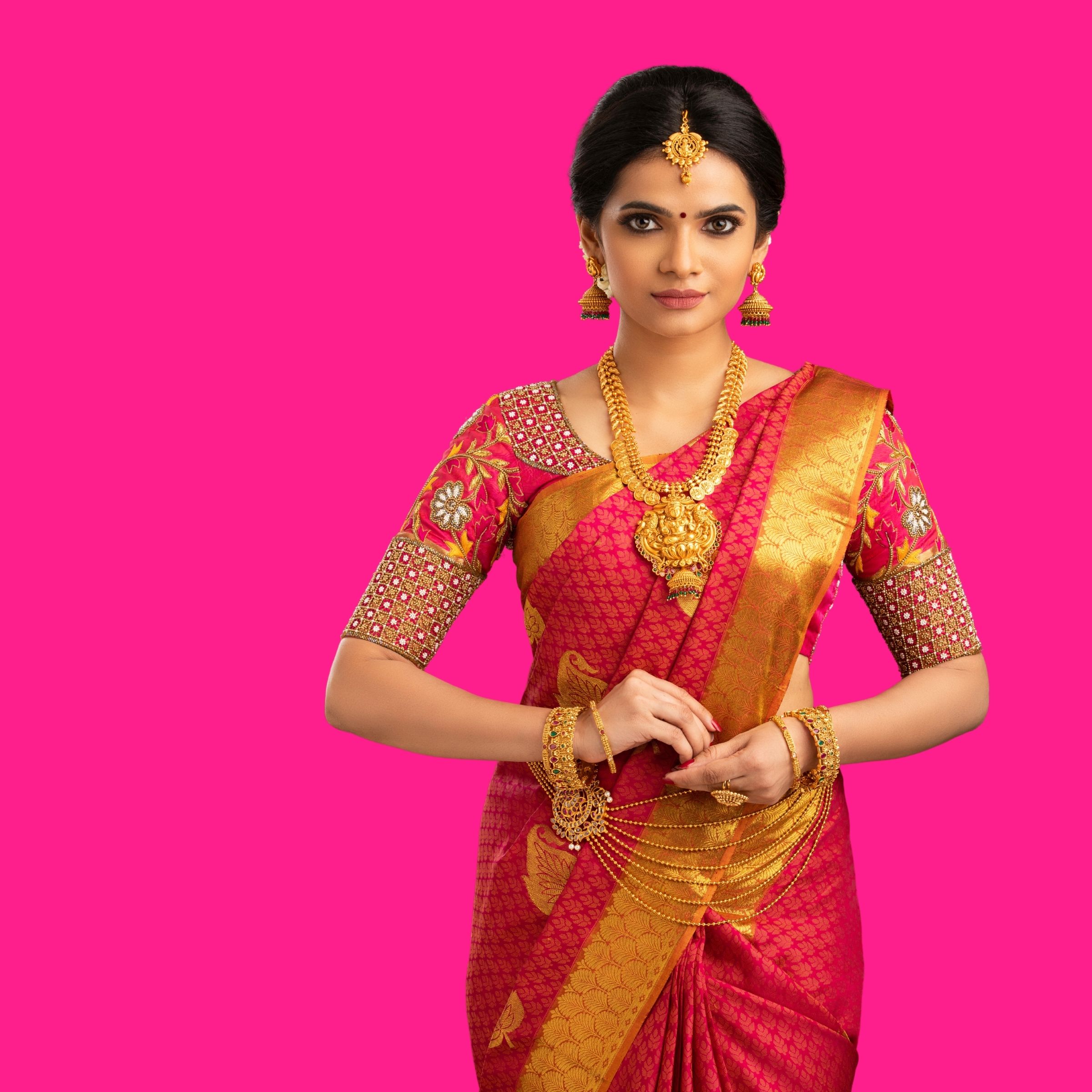 A Belonging Works member against a hot pink background