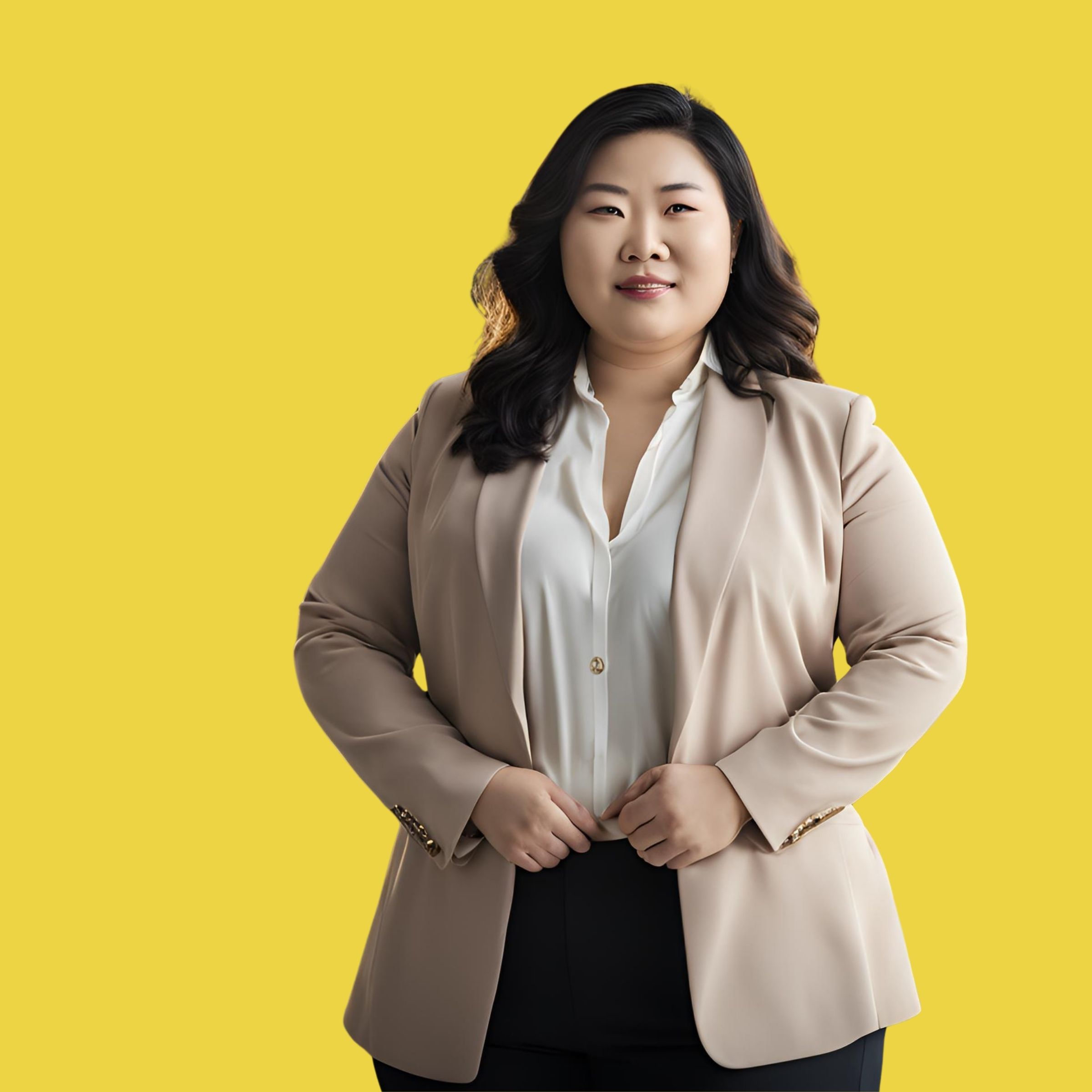 A woman in a dark suit standing confidently against a bright yellow background